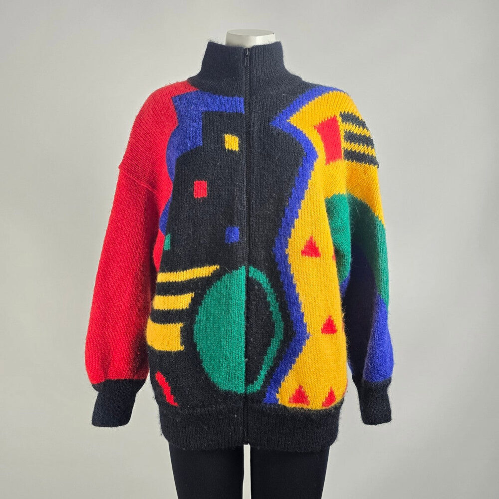 Vintage I.B Sport Bright Color Block Knit Mohair Zip Up Jacket Size S/M
